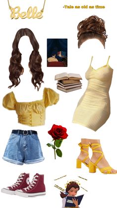 Fictional Characters Outfit Ideas, Belle Disney Outfit Ideas, Belle Inspired Outfits Casual, Cartoon Outfits Ideas Inspiration, Beauty And The Beast Inspired Outfits, Modern Belle Costume, Modern Belle Outfits, Belle Disney Bound, Belle Disney Outfit