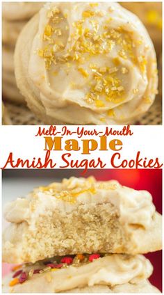 iced maple sugar cookies with white frosting and gold sprinkles on top