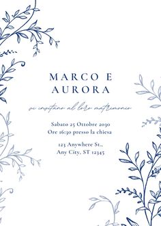 an elegant blue and white wedding card with leaves on the front, in black ink