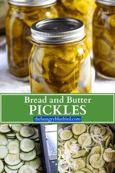 bread and butter pickles in mason jars with the title overlay reads, bread and butter pickles