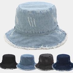 Distressed denim bucket hat, the perfect accessory for any casual and trendy outfit. Made from high-quality denim material, this bucket hat has a unique distressed finish that gives it a vintage and edgy look. The hat features a wide brim that provides excellent sun protection for your face and neck, making it perfect for outdoor activities such as hiking, fishing, or simply enjoying a day at the beach. The denim material is also durable and easy to clean, making it a practical choice for everyd Distressed Wide Brim Summer Hat, Distressed Wide Brim Hat For Summer, Summer Distressed Adjustable Bucket Hat, Adjustable Distressed Bucket Hat For Summer, Summer Washed Bucket Hat, Spring Distressed Denim Blue Hat, Vintage Distressed Summer Hat, Distressed Curved Brim Hat For Summer, Summer Distressed Hats With Short Brim