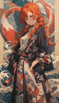 an anime character with long red hair standing in front of a dragon and wave background