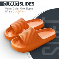 an orange pair of slippers on top of a black and white background with the words cloudslides women & men pillow slippers soft and comfort