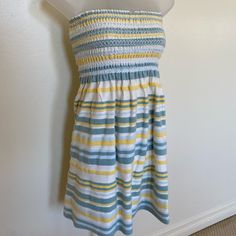 Juicy Couture Morning Mist Combo Dress New With Tags Size Small Terry Cloth Vintage, Rare Casual Strapless Lined Sundress, Casual Knee-length Strapless Beach Dress, Casual Strapless Knee-length Beach Dress, Casual Striped Strapless Dress, Yellow Strapless Mini Dress For Spring, Casual Strapless Striped Dress, Yellow Strapless Beach Dress, Spring Striped Strapless Dress, Cotton Strapless Mini Dress For Beach