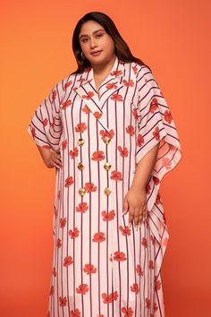 Pink and orange kaftan style dress with metal buttons, cinched back and all over stripe, floral prints. Comes along with an inner. - Aza Fashions Orange Kaftan, Kaftan Style Dresses, Floral Lapel, Kaftan Style, Metal Buttons, Dress For Women, Lapel Collar, Three Quarter Sleeves, Quarter Sleeve