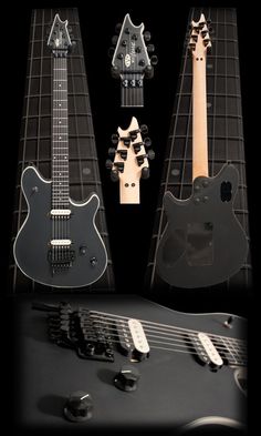 three guitars are shown side by side in different positions