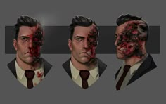 three different angles of a man's face with blood on his forehead and neck