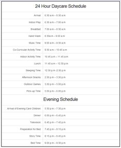 an event schedule for the 24 hour daycare schedule