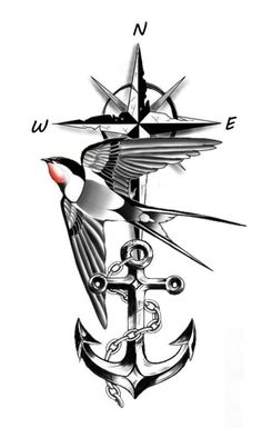 an anchor, bird and compass tattoo design on a white background with the word love written in