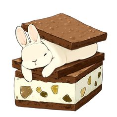 a white rabbit sleeping on top of some desserts with chocolate and marshmallows