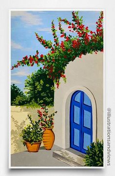 an oil painting of a blue door and potted plants