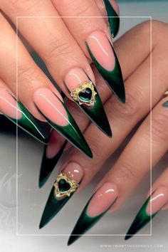 emerald green nails designs for valentines day Nails Green Inspiration, Bad And Boujee Nails Acrylic, Bedazzled Nails Designs, Green Stiletto Nails Designs, Nail Ideas For Birthday, Cute Green Nail Ideas, Classy Green Nails, Stiletto Nails Green, Boujee Acrylic Nails