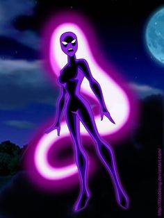 an animated image of a purple alien standing in front of a full moon and sky