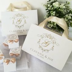 wedding favors and gift bags on a table