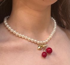 This cherry necklace is handmade and will perfectly match all of your summer outfits.   16 inches (adjustable) Made with stainless steel findings Cherry's Aesthetic, Cherry Beaded Necklace, Cherry Aesthetics, Cherry Accessories, Necklace Fairycore, Cherry Style, Cottagecore Necklace, Cherry Lady, Cherry Jewelry