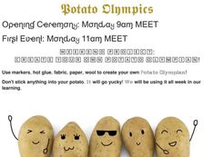 an advertisement for potato olympics featuring five smiling potatoes with their faces drawn in different ways