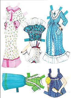 paper doll clothes with different patterns and designs on them, including one in blue dress