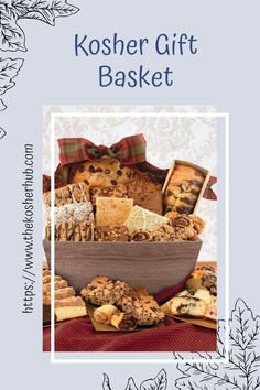 the kosher gift basket is filled with cookies, muffins and other treats