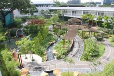 an aerial view of a park with lots of trees and plants in the middle of it