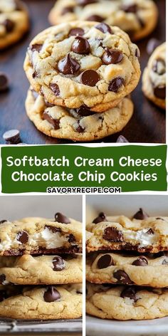 chocolate chip cookies are stacked on top of each other with the words, softtach cream cheese chocolate chip cookies