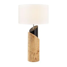 a wooden table lamp with a white shade on it's side and a black base