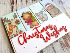 a close up of a card with animals on it and the words merry christmas written in red