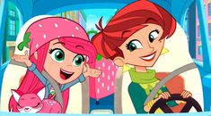 two cartoon characters are sitting in a car and one is holding the steering wheel with her hand