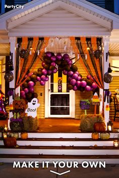 a porch decorated for halloween with pumpkins and balloons