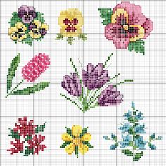 a cross stitch pattern with different flowers on the front and back of it, all in various colors