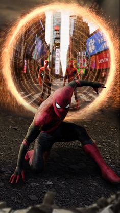 the spider - man is in front of an image of another person with his arms out