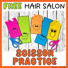 scissors and paper bags with the words hair salon on them, in front of a wooden background