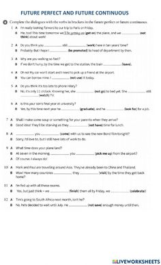 a printable worksheet for the future perfect and future continuous tense with answers