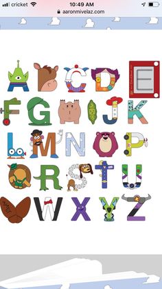 the alphabet is made up of cartoon animals and letters that are in different colors, shapes, and sizes