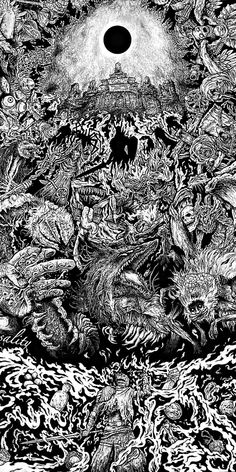 an artistic black and white drawing of people surrounded by demonic creatures, with the moon in the background