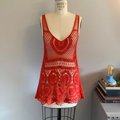 Coral Crochet Top. Urban Outfitters Brand. Never Worn. Red Sleeveless Crochet Top, Urban Outfitters Bohemian Tops For Beach, Red Fitted Bohemian Crochet Dress, Fitted Red Bohemian Crochet Dress, Red Sleeveless Crochet Dress For Summer, Fitted Red Crochet Dress For Summer, Red Lace Tops For Summer, Red Bohemian Crochet Top For Spring, Red Crochet Lace Top For Vacation