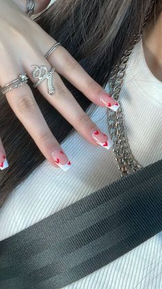 Heart Nail Designs French Tip, Nail Idea With Heart, Heart Nail French Tip, Aesthetic Nails Coquette, French Tip With Hearts Acrylic Nails, French And Heart Nails, Coquette Nails Ideas, Acrylics With Hearts, Basic Aesthetic Nails