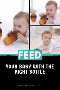 a baby is laying on the floor with a bottle in his mouth and feeding it