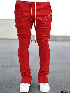 Russoo - Mens Casual Flared Trousers with Hearts Print: Breathable Hip Hop Style Joggers for Home Red Bottoms For Streetwear In Fall, Red Pants For Winter Streetwear, Casual Fitted Red Pants, Red Winter Streetwear Pants, Red Fitted Casual Pants, Slim Fit Red Cotton Bottoms, Red Slim Fit Cotton Bottoms, Casual Red Slim Fit Pants, Casual Fitted Red Bottoms