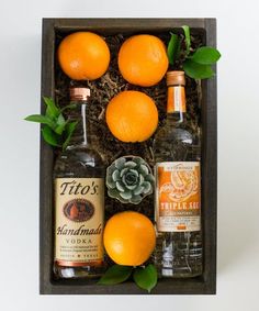 an assortment of liquor bottles and oranges in a wooden box with succulents