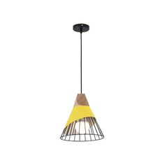 a yellow and black pendant light hanging from a ceiling fixture with an iron wire frame