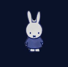 a white rabbit wearing a blue dress on a black background with the word bunny in it's center