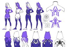 the concept art for an animated character is shown in purple and black colors, with different poses