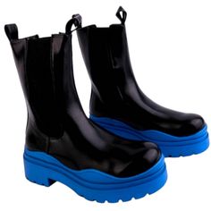 Jelly Bean New Biker, Rain, Grunge Style Boots - Mid - Chunky Heel - Black With Blue Trim Soles -Size: 8.5m Brand New With Box! Blue Round Toe Platform Boots For Winter, Blue Round Toe Platform Boots For Fall, Blue Winter Platform Boots With Round Toe, Fall Blue Platform Boots With Round Toe, Blue High-top Platform Boots, Bold Black Platform Boots With Round Toe, Trendy Blue Ankle Boots, Bold Black Round Toe Platform Boots, Bold Black Boots For Spring