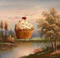 a painting of a cupcake with frosting and cherries on top sitting in front of a lake