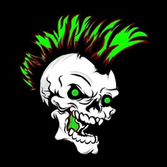 an image of a skull with green eyes and mohawks on it's head