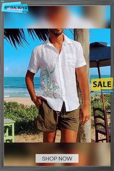 Men's Linen Shirt Summer Shirt Beach Shirt Turndown Summer Short Sleeve White Blue Brown Leaf Casual Daily Clothing Apparel Print Casual Collar Tops With Pockets For Beach, Beach Tops With Pockets And Casual Collar, Casual Collar Shirt With Pockets For Vacation, Summer Vacation Shirt With Pockets, Beach Shirt With Pockets, Summer Casual Hawaiian Shirt, Summer Beach Shirt With Pockets, Summer Beach Short Sleeve Shirt With Pockets, Casual Beach Tops With Pockets