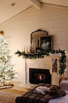 a living room filled with furniture and a fire place next to a christmas tree in front of a fireplace