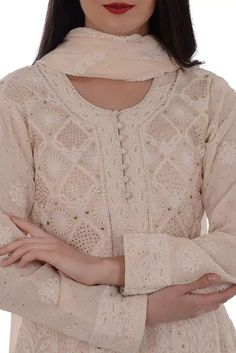 Champagne Chikankari With Kamdaani Anarkali Pure Georgette Suit Chickenkari Suits, Georgette Suits, Lucknowi Kurti, Chicken Kari, Georgette Suit, Women Talking, Dresses For Men, Indian Designer Suits