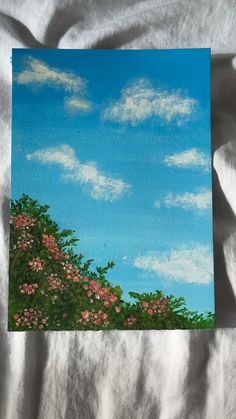 flowers, sky, clouds, bush, acrylic paint, mini painting Painting Of Sky With Clouds, Cloud Sky Drawing, Canvas Painting Scenery Acrylics, Cute Scenery Painting, Sky Painting With Clouds, Sky Art Painting Cloud, Landscape Painting Ideas Easy, Simple Scenery Painting For Beginners, Simple Cloud Painting