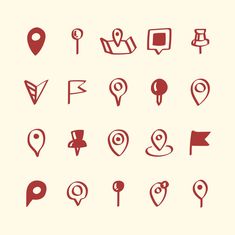 a set of red and white icons on a beige background, including location markers, map pointers, gps pins, and more